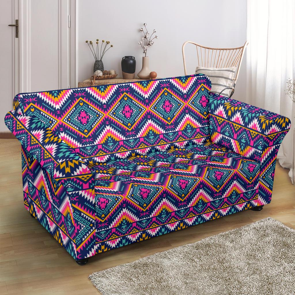 Indian Navajo Pink Themed Design Print Loveseat Slipcover-JTAMIGO.COM