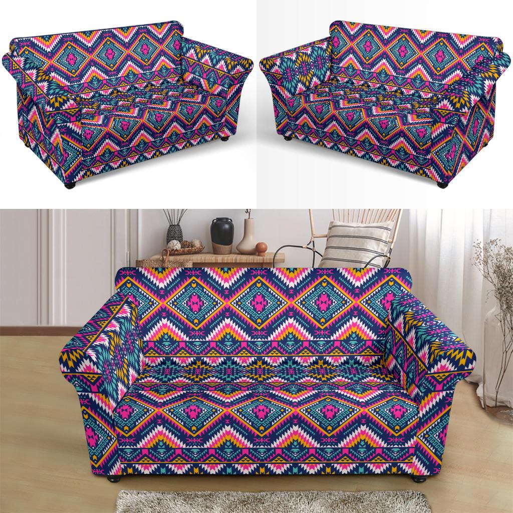 Indian Navajo Pink Themed Design Print Loveseat Slipcover-JTAMIGO.COM