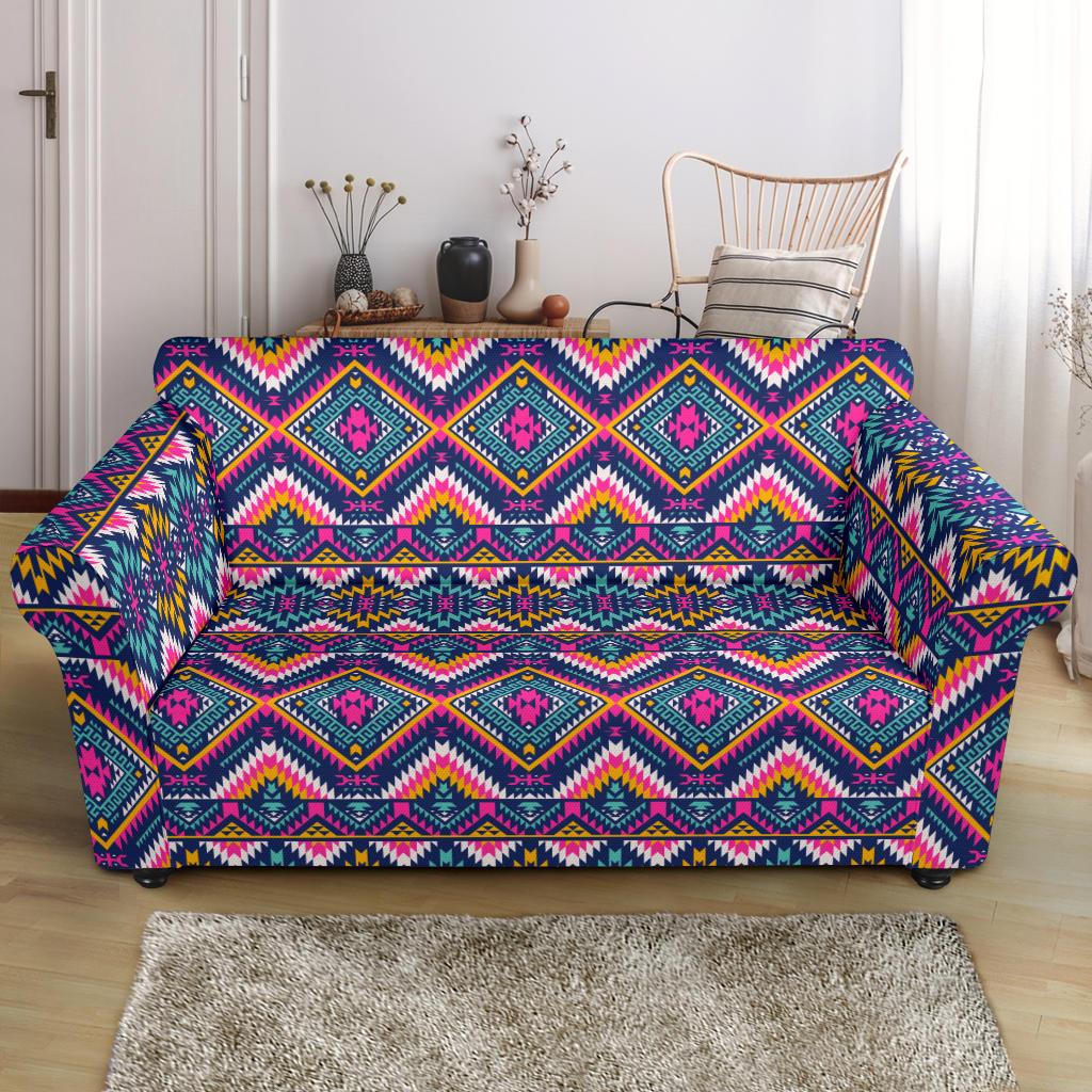 Indian Navajo Pink Themed Design Print Loveseat Slipcover-JTAMIGO.COM