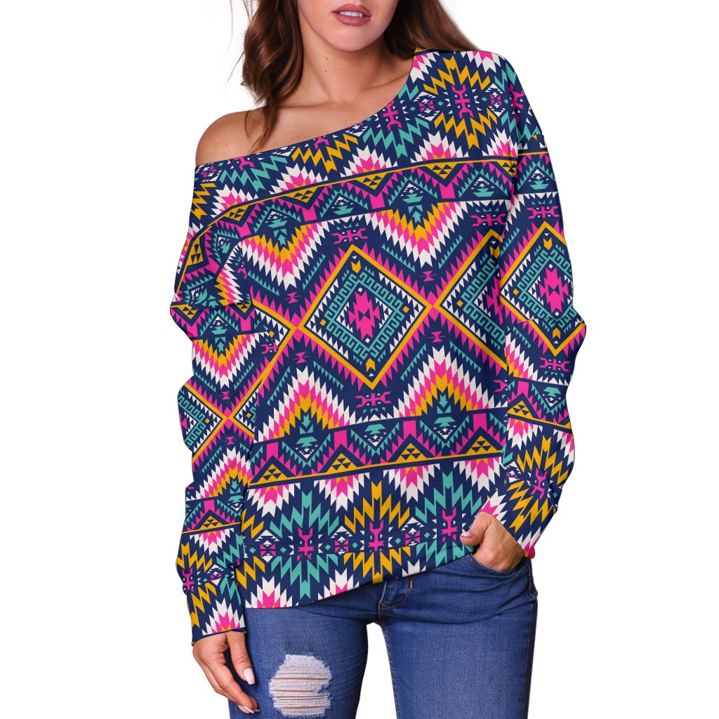 Indian Navajo Pink Themed Design Print Off Shoulder Sweatshirt