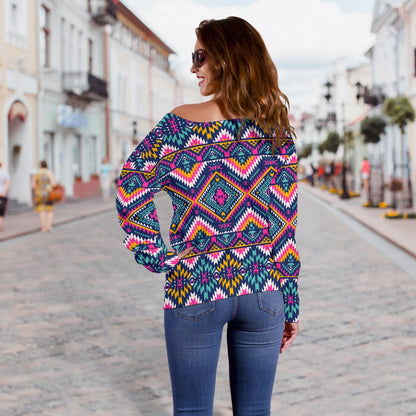 Indian Navajo Pink Themed Design Print Off Shoulder Sweatshirt