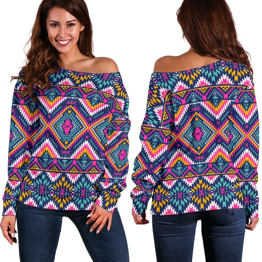 Indian Navajo Pink Themed Design Print Off Shoulder Sweatshirt