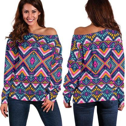 Indian Navajo Pink Themed Design Print Off Shoulder Sweatshirt