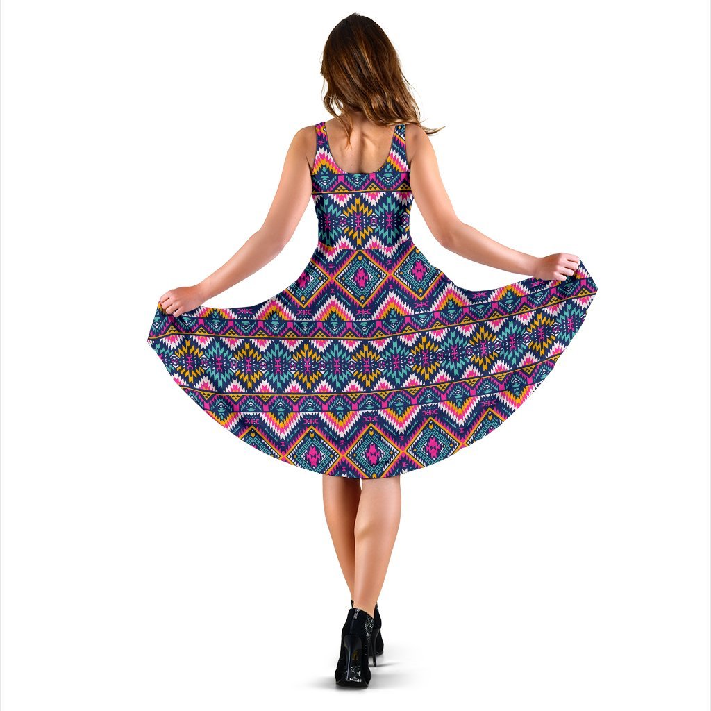 Indian Navajo Pink Themed Design Print Sleeveless Dress