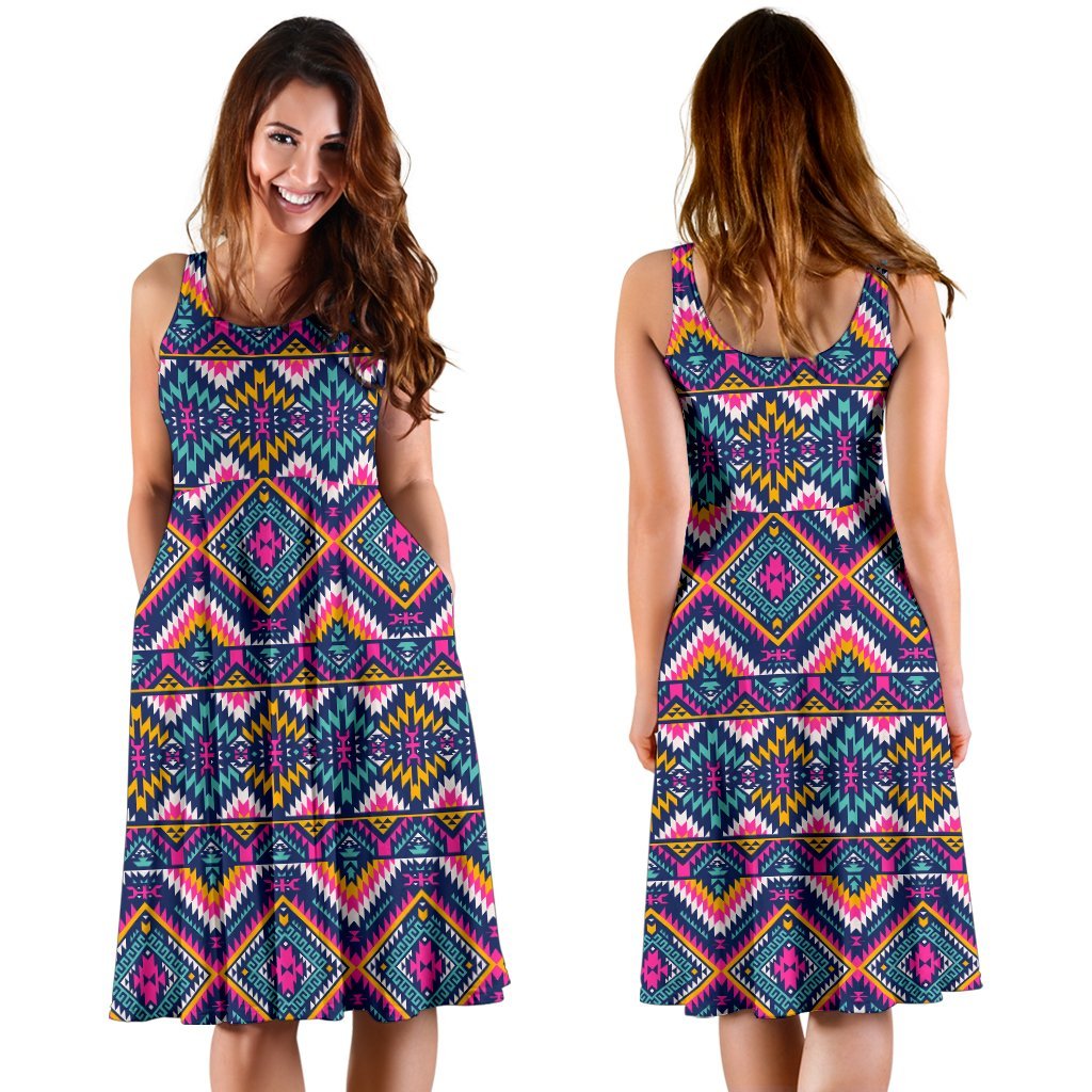 Indian Navajo Pink Themed Design Print Sleeveless Dress