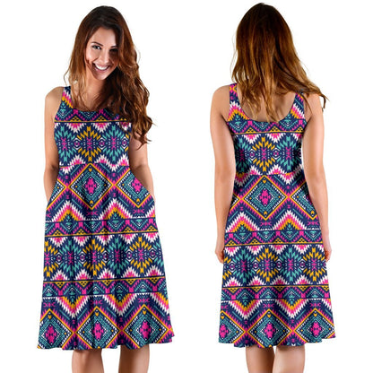Indian Navajo Pink Themed Design Print Sleeveless Dress