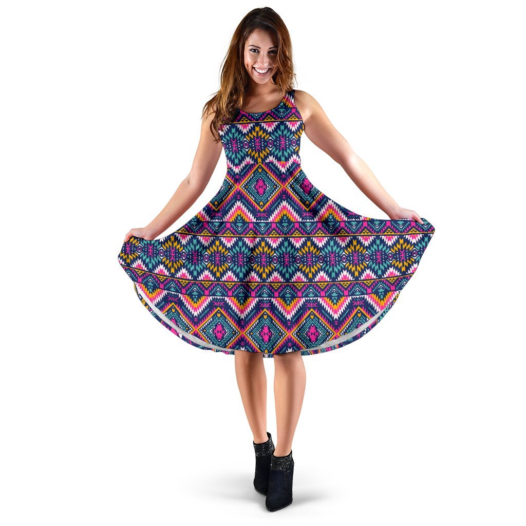 Indian Navajo Pink Themed Design Print Sleeveless Dress