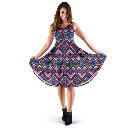 Indian Navajo Pink Themed Design Print Sleeveless Dress