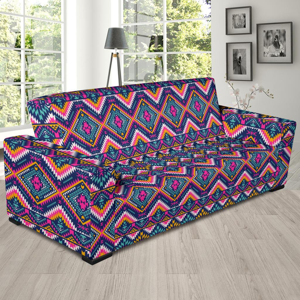 Indian Navajo Pink Themed Design Print Sofa Slipcover-JTAMIGO.COM