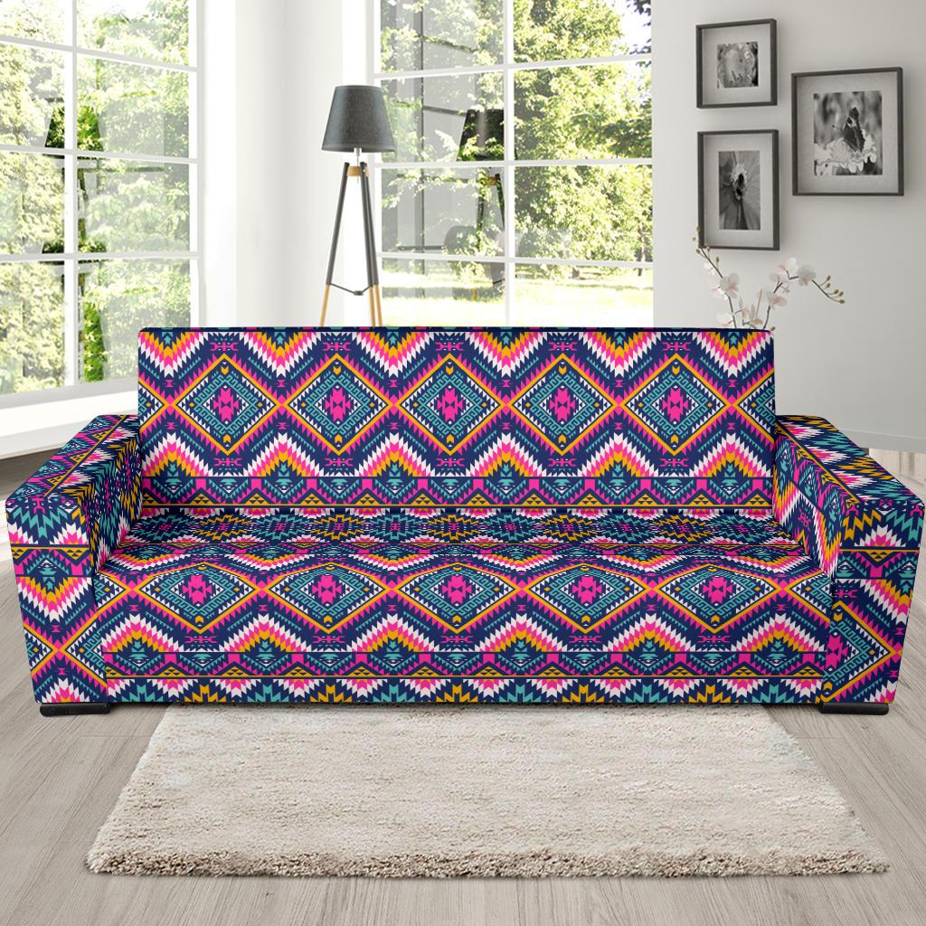 Indian Navajo Pink Themed Design Print Sofa Slipcover-JTAMIGO.COM