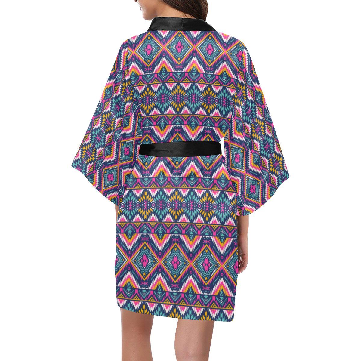 Indian Navajo Pink Themed Design Print Women Short Kimono Robe