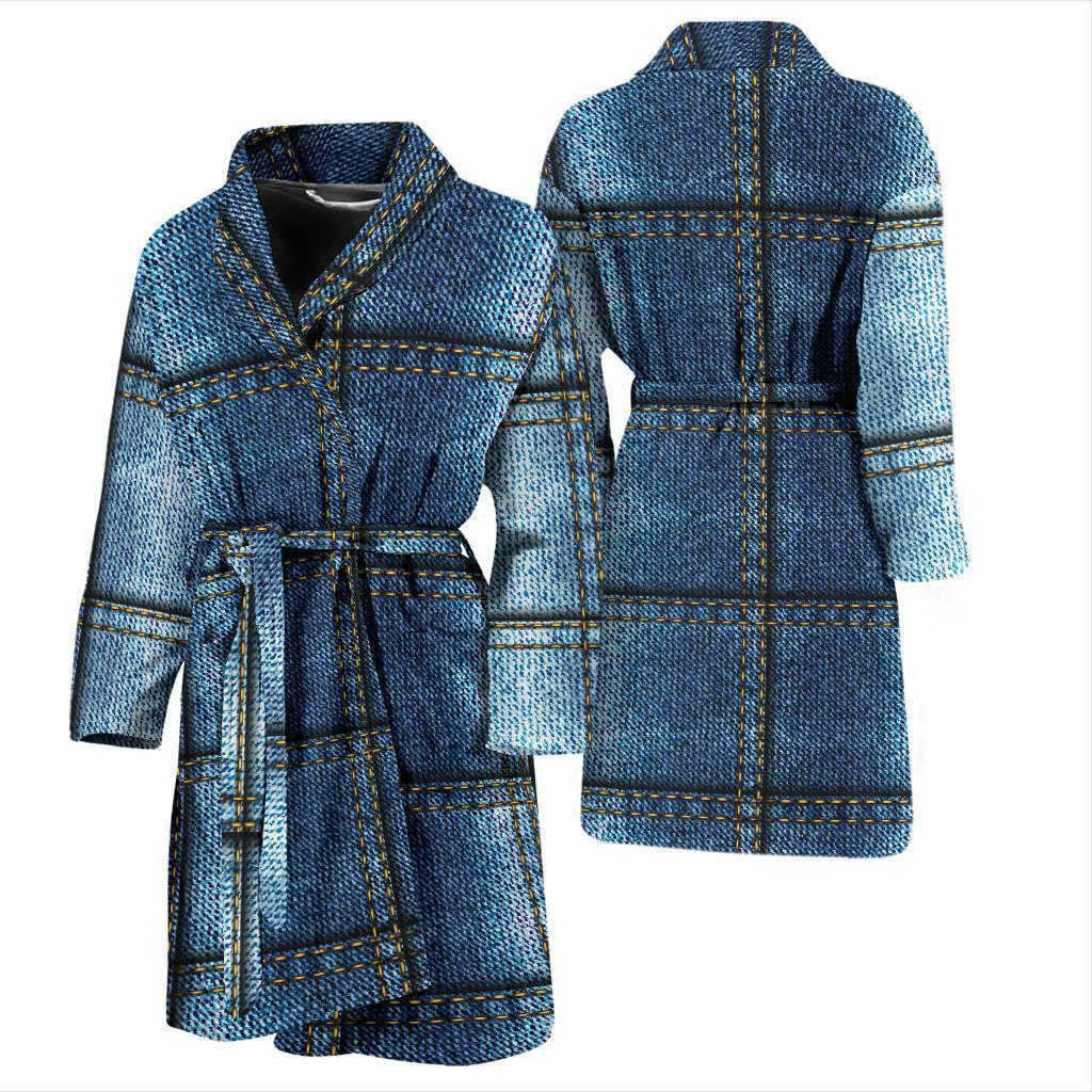 Jean Patchwork Pattern Print Design 02 Men Bathrobe-JORJUNE.COM