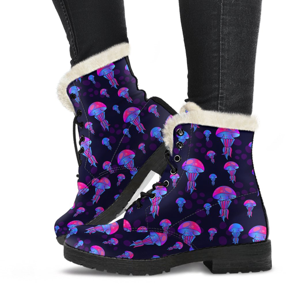 Jellyfish Neon Print Faux Fur Leather Boots-JTAMIGO.COM