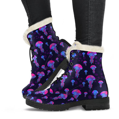 Jellyfish Neon Print Faux Fur Leather Boots-JTAMIGO.COM