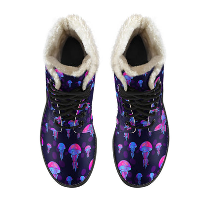 Jellyfish Neon Print Faux Fur Leather Boots-JTAMIGO.COM