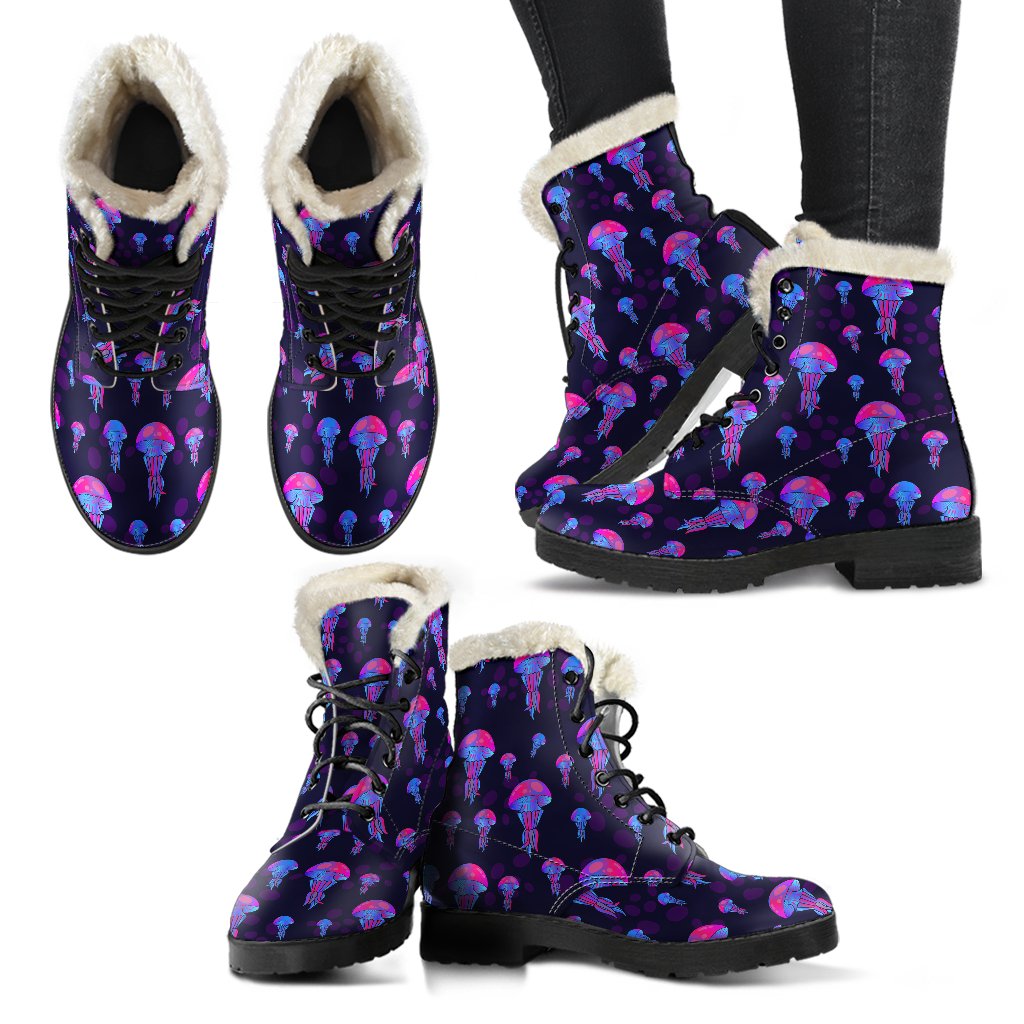 Jellyfish Neon Print Faux Fur Leather Boots-JTAMIGO.COM