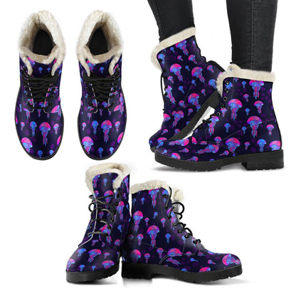 Jellyfish Neon Print Faux Fur Leather Boots-JTAMIGO.COM