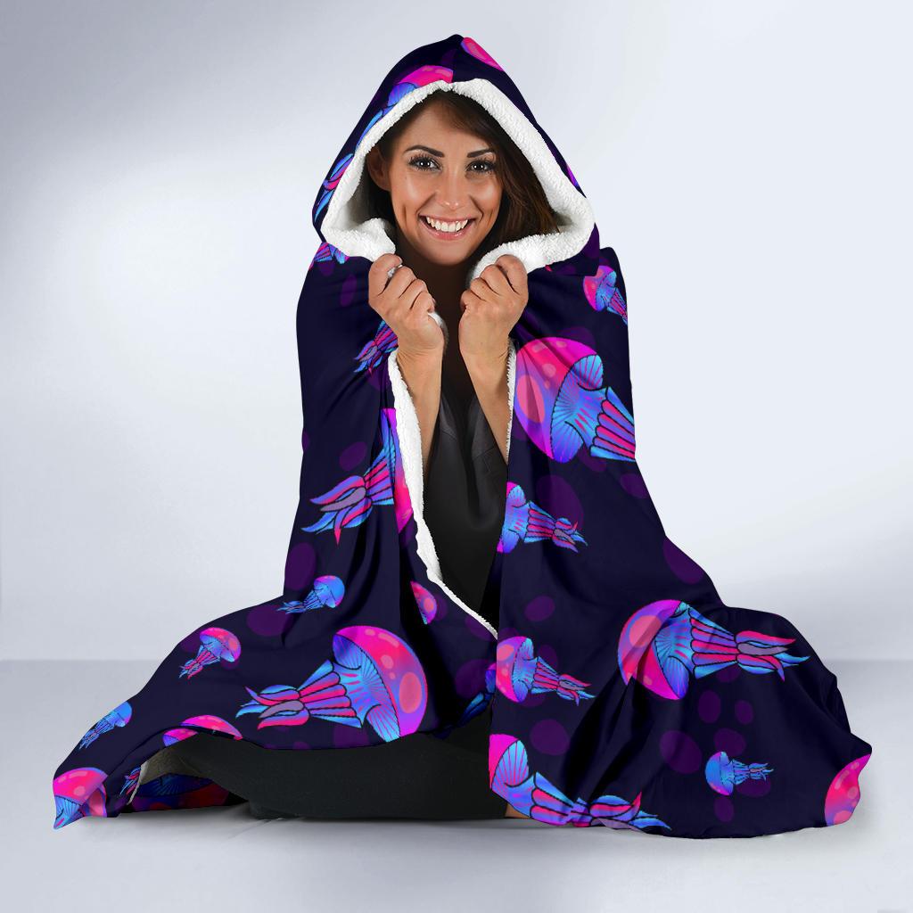 Jellyfish Neon Print Hooded Blanket-JTAMIGO.COM