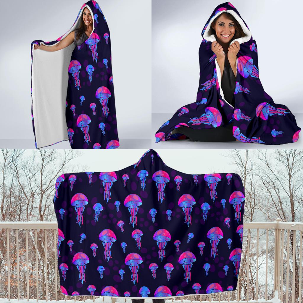 Jellyfish Neon Print Hooded Blanket-JTAMIGO.COM