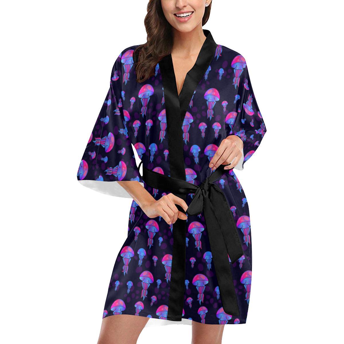 Jellyfish Neon Print Women Short Kimono Robe