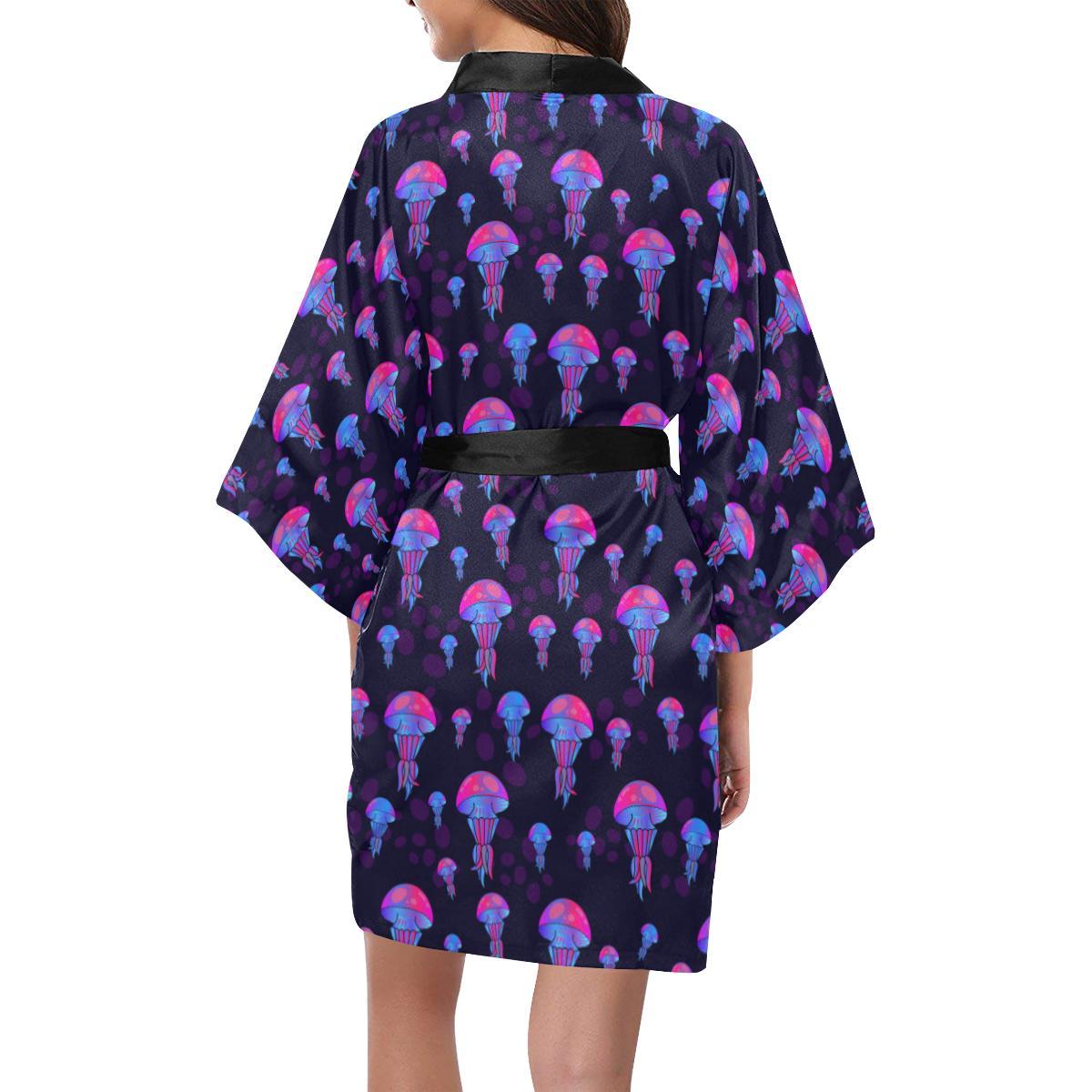 Jellyfish Neon Print Women Short Kimono Robe