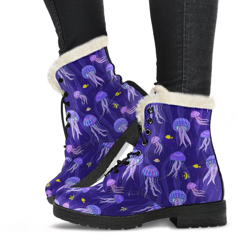 Jellyfish Style Print Faux Fur Leather Boots-JTAMIGO.COM