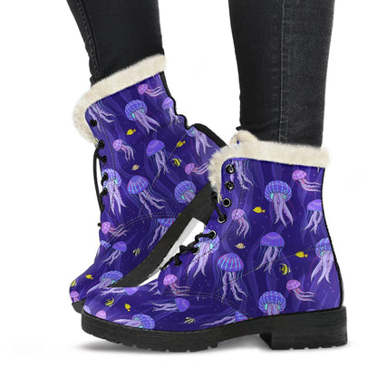 Jellyfish Style Print Faux Fur Leather Boots-JTAMIGO.COM