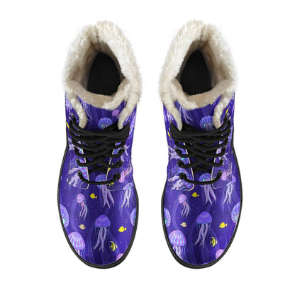 Jellyfish Style Print Faux Fur Leather Boots-JTAMIGO.COM