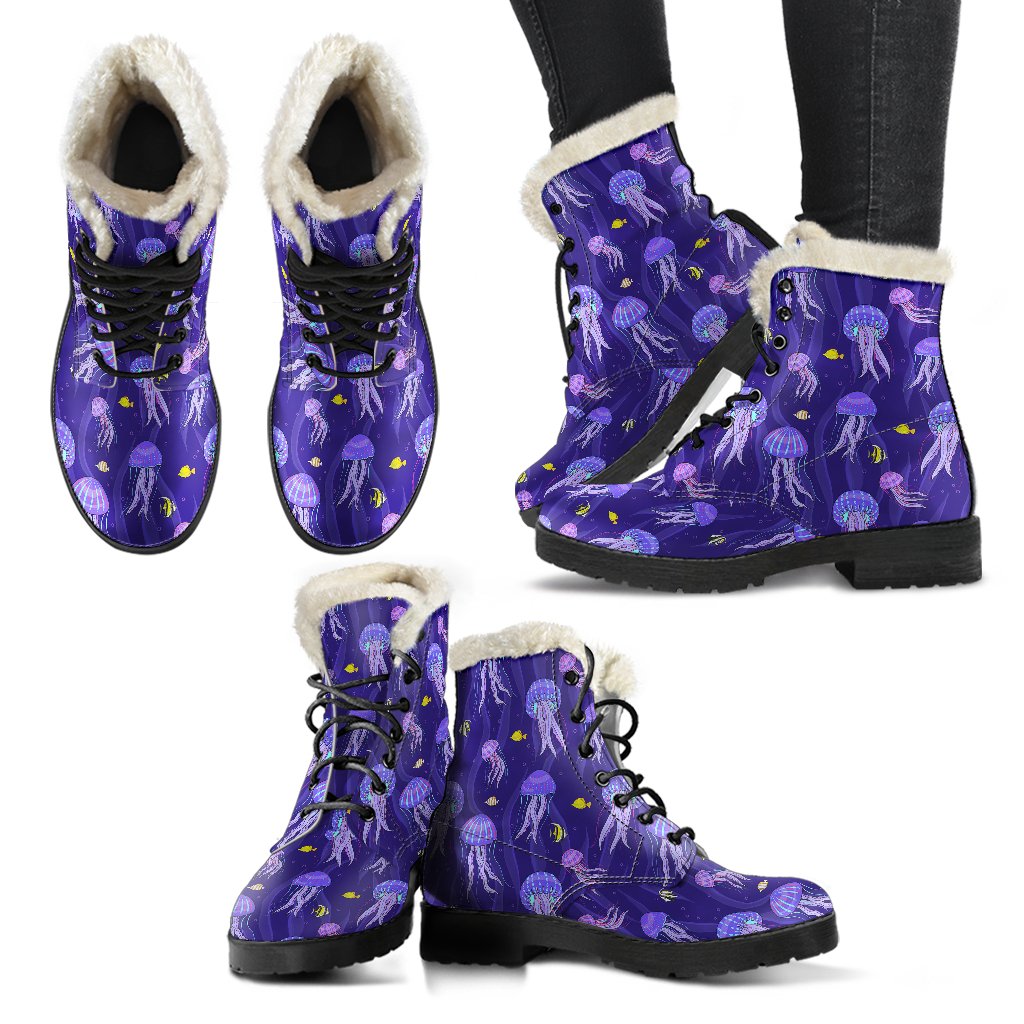 Jellyfish Style Print Faux Fur Leather Boots-JTAMIGO.COM