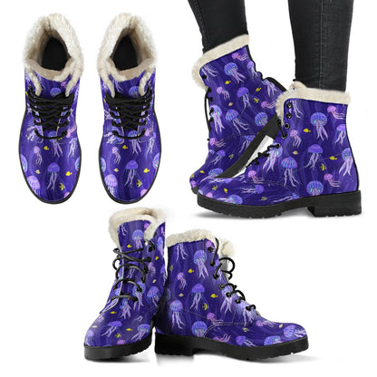 Jellyfish Style Print Faux Fur Leather Boots-JTAMIGO.COM