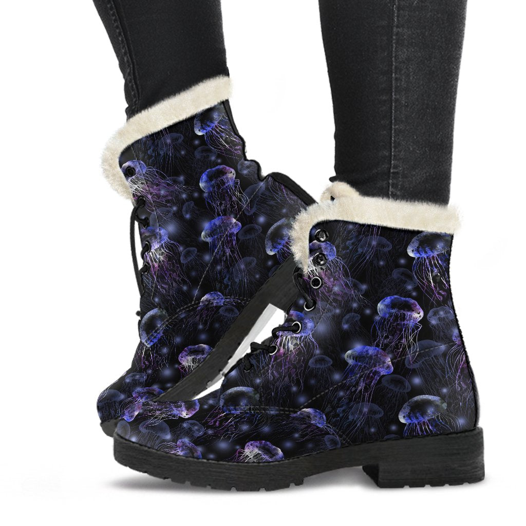 Jellyfish Themed Faux Fur Leather Boots-JTAMIGO.COM