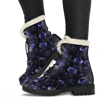 Jellyfish Themed Faux Fur Leather Boots-JTAMIGO.COM