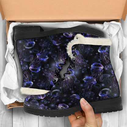 Jellyfish Themed Faux Fur Leather Boots-JTAMIGO.COM