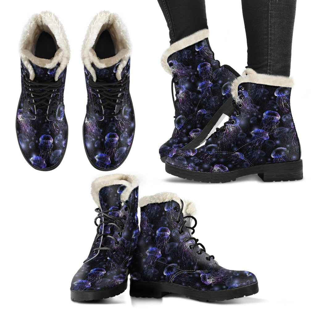 Jellyfish Themed Faux Fur Leather Boots-JTAMIGO.COM