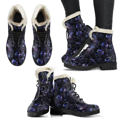 Jellyfish Themed Faux Fur Leather Boots-JTAMIGO.COM