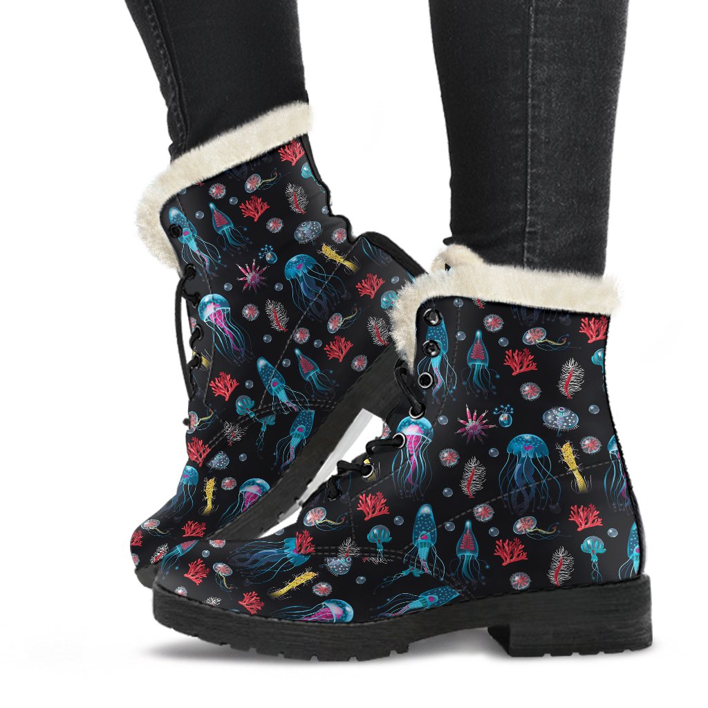Jellyfish Underwater Print Faux Fur Leather Boots-JTAMIGO.COM