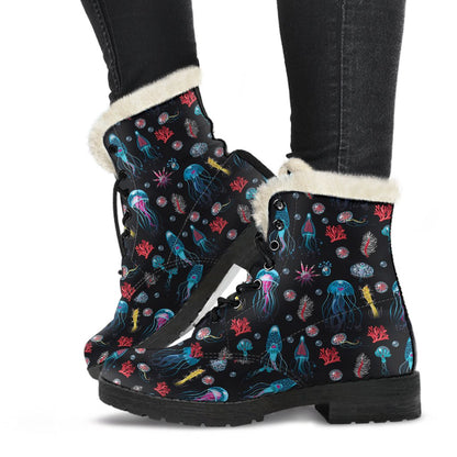 Jellyfish Underwater Print Faux Fur Leather Boots-JTAMIGO.COM