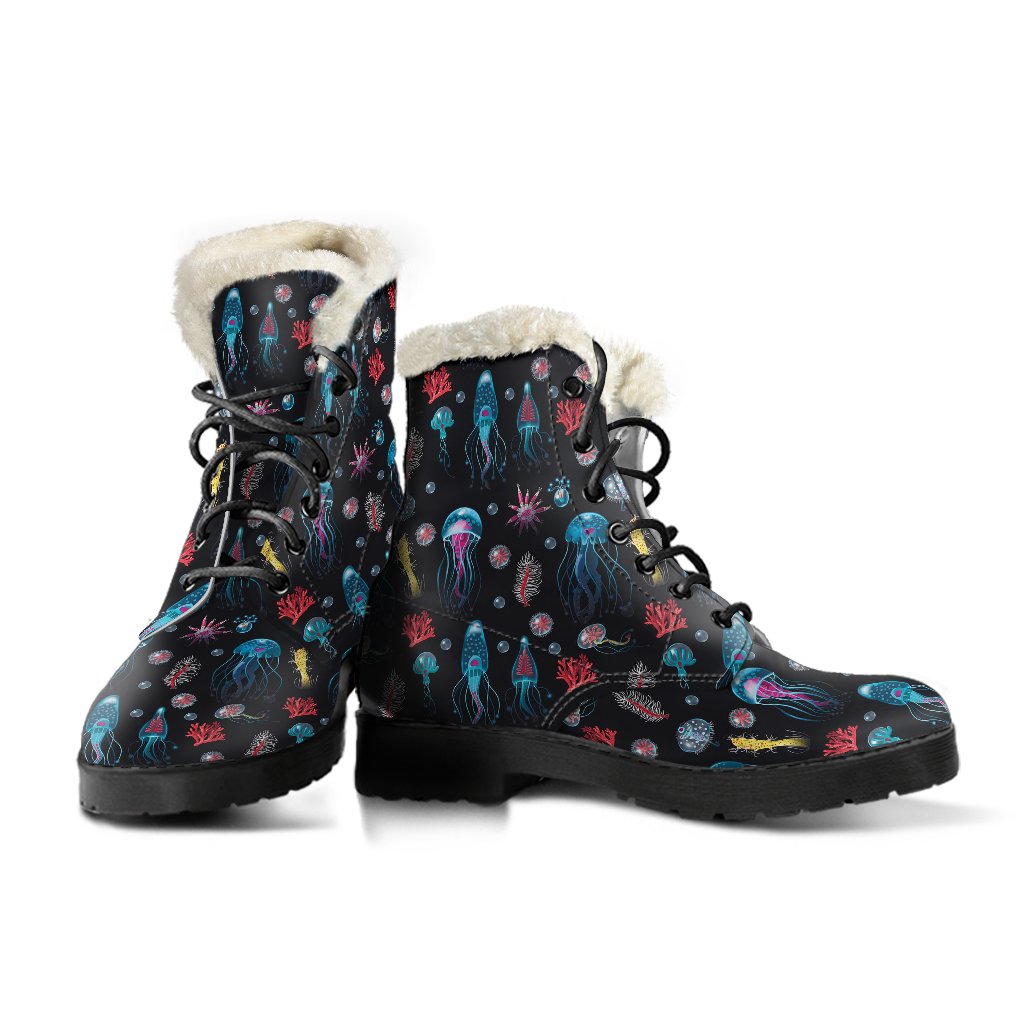 Jellyfish Underwater Print Faux Fur Leather Boots-JTAMIGO.COM