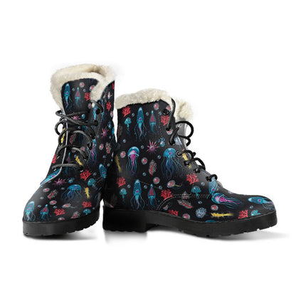 Jellyfish Underwater Print Faux Fur Leather Boots-JTAMIGO.COM