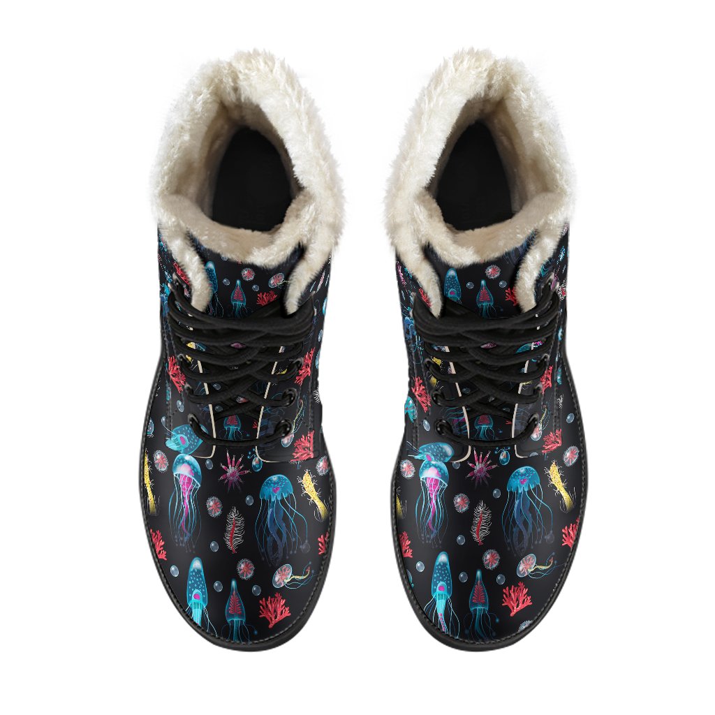 Jellyfish Underwater Print Faux Fur Leather Boots-JTAMIGO.COM