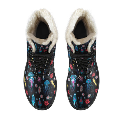 Jellyfish Underwater Print Faux Fur Leather Boots-JTAMIGO.COM