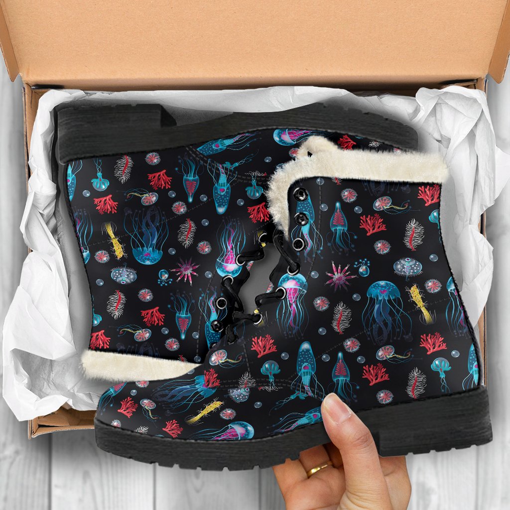 Jellyfish Underwater Print Faux Fur Leather Boots-JTAMIGO.COM