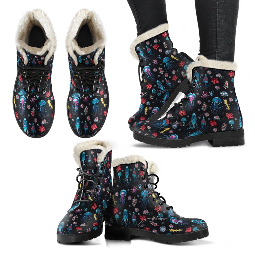 Jellyfish Underwater Print Faux Fur Leather Boots-JTAMIGO.COM