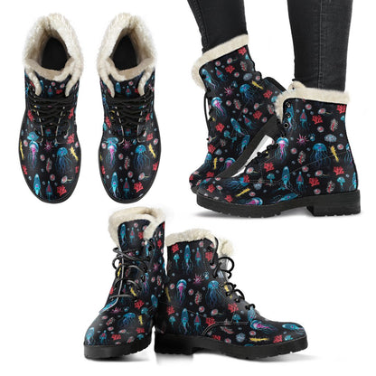 Jellyfish Underwater Print Faux Fur Leather Boots-JTAMIGO.COM