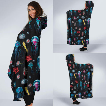 Jellyfish Underwater Print Hooded Blanket-JTAMIGO.COM