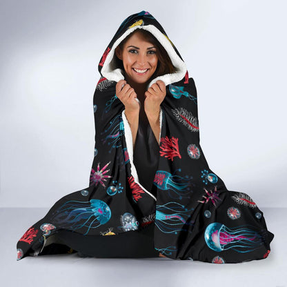 Jellyfish Underwater Print Hooded Blanket-JTAMIGO.COM