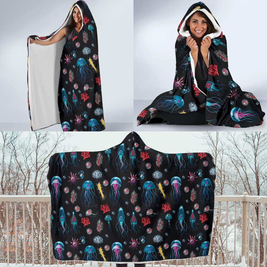 Jellyfish Underwater Print Hooded Blanket-JTAMIGO.COM