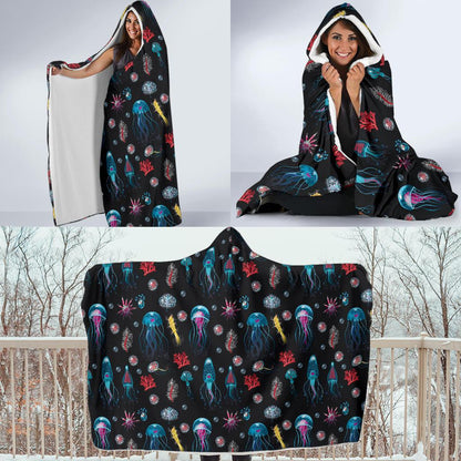 Jellyfish Underwater Print Hooded Blanket-JTAMIGO.COM