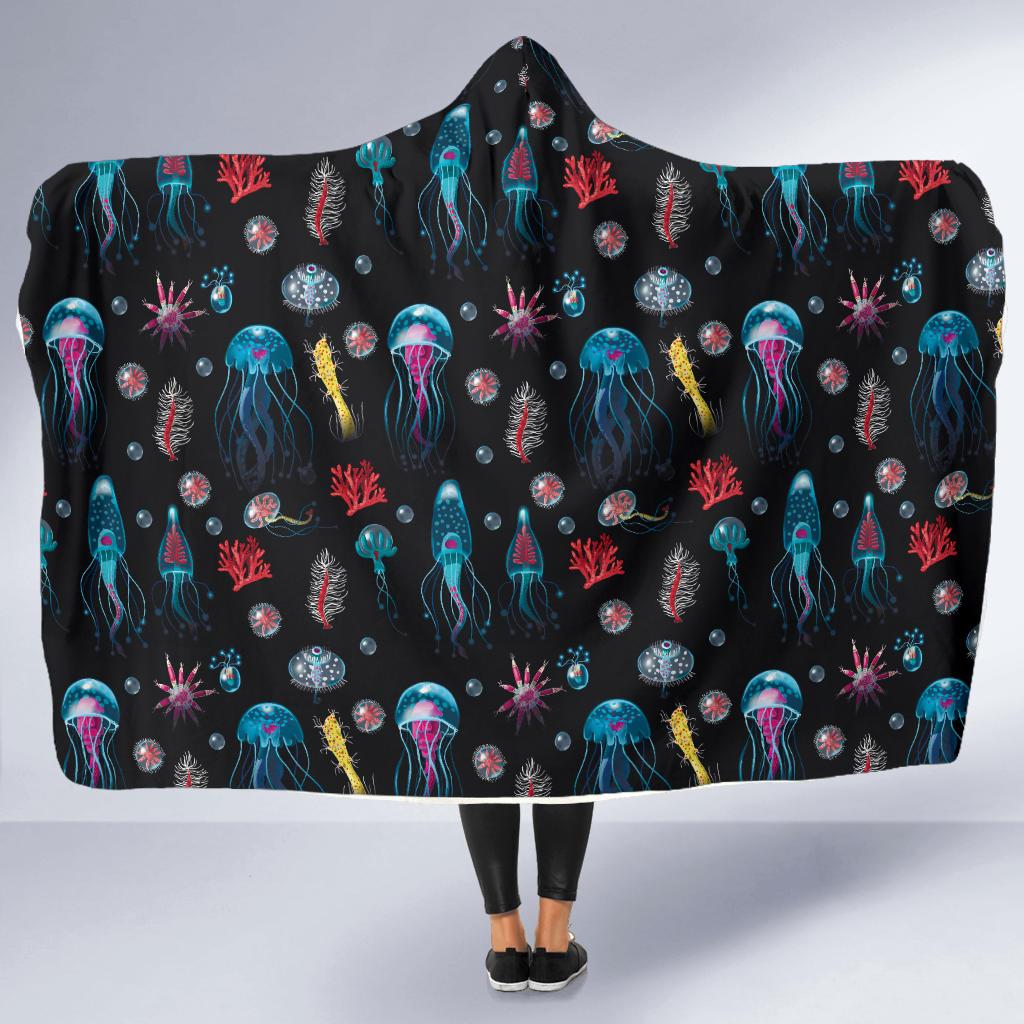 Jellyfish Underwater Print Hooded Blanket-JTAMIGO.COM