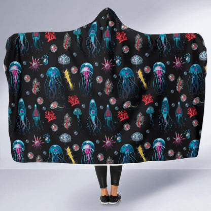 Jellyfish Underwater Print Hooded Blanket-JTAMIGO.COM